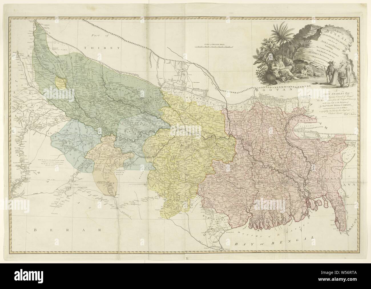 Mappa del bacino del Gange una mappa del Bengala, Bahar, Old & Allahabad con parte di Agra e Delhi che presenta il corso del Gange da Hurdwar al mare (Mappa su oggetto), mappa del Gange area, le aree diverse in diversi colori. In alto a destra del titolo e una rappresentazione allegorica con un fiume Dio e uomo di essere battezzato. Di seguito che è un incarico a Giovanni Maneggio Esq, superiore medio scala in inglese miglia, mappe di separare i paesi o le regioni, il Bengala, il Gange, Bangladesh, India, William Faden (menzionato in oggetto), Londra, 1-gen-1786, carta, incisione h 716 mm × w 1058 Foto Stock