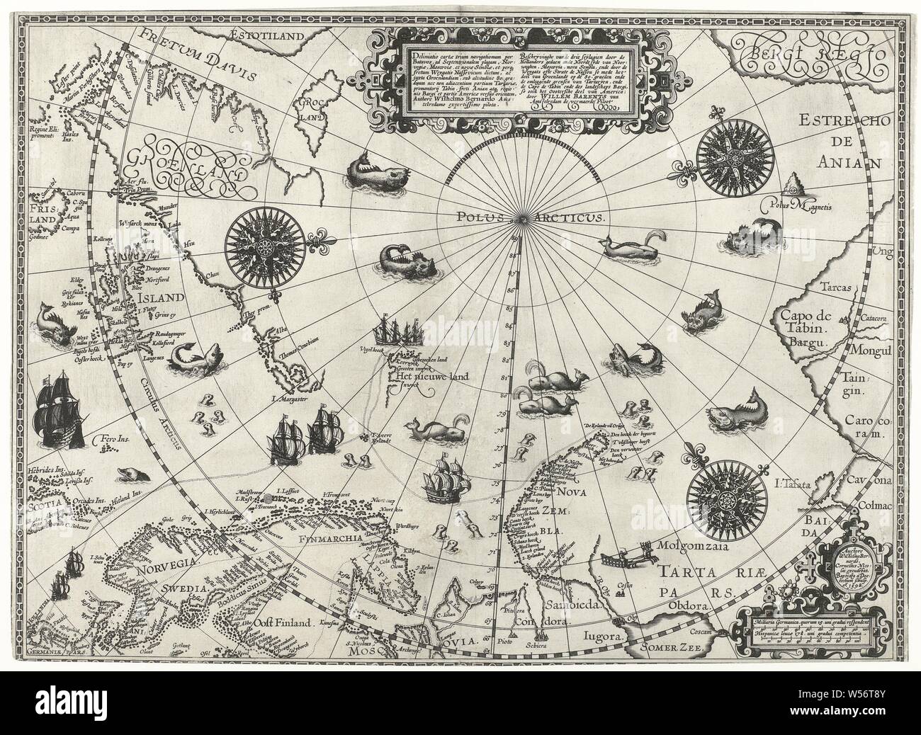 Mappa dell'Artico, 1598 Descrizione delle tre seylagien eseguita dall'olandese (... ) Da Willem Barendsz (titolo in oggetto), mappa circumpolare dell'Artico sulla parte superiore sinistra della Groenlandia e un pezzo di America del Nord, sulla destra la costa nord della Russia (compreso il Beringstraat che qui viene chiamato lo stretto di Anian). Tra la Scozia, Paesi Bassi, Scandinavia, Russia e Nova Zembla, sconosciuta coste non sono disegnate. Il Barendsz rotta è stata disegnata con punti e navi. Inoltre, Orso e isola Spitsbergen. In mare le balene, trichechi e guarnizioni., mappe dei paesi separati Foto Stock