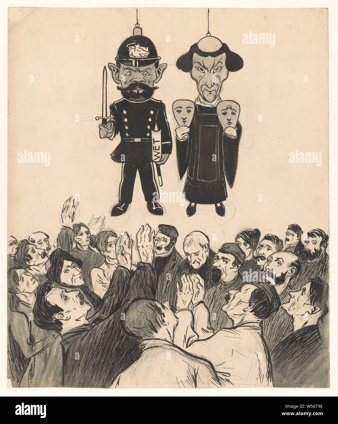 Funzionario di polizia e di pastore come marionette, Cartoon in cui un funzionario di polizia e di un pastore appendere come marionette al di sopra di una folla di lavoratori. Sulla sinistra il poliziotto con il casco, spada e diritto libro sotto il braccio sinistro e a destra il pastore con una pia e una triste maschera nelle sue mani. Tra di esse una folla di persone che guardano verso di loro e alcuni dei quali sollevare le mani, la classe operaia, operai, poliziotto, constable, sacerdote (romano cattolica), Paesi Bassi, Jan de Waardt, 1875 - 1900, carta, inchiostro chalk, spazzola h 375 mm × W 319 mm Foto Stock