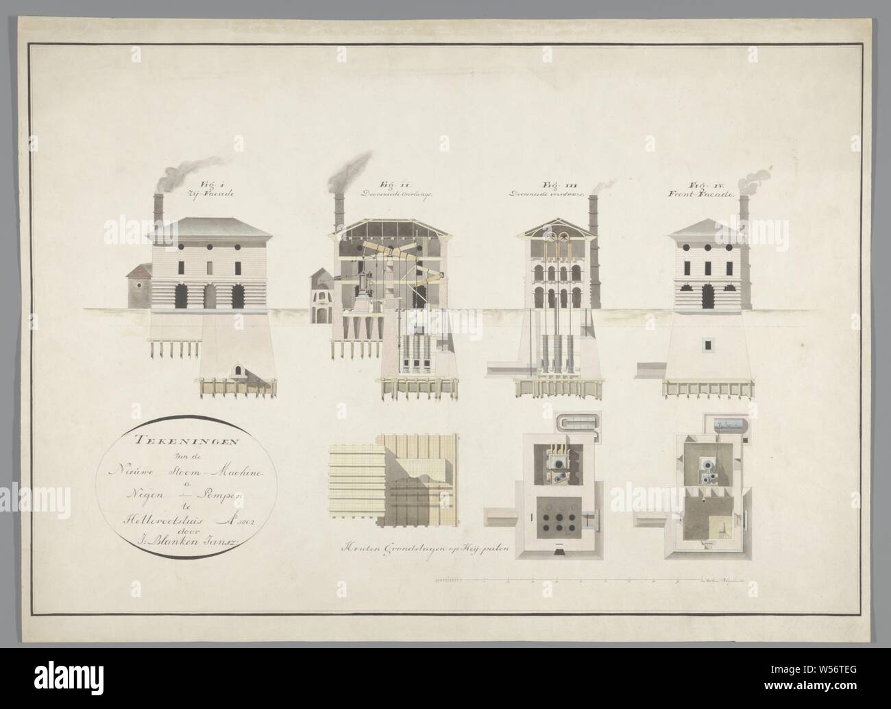 Disegni del nuovo motore a vapore con nove pompe in Hellevoetsluis (titolo in oggetto), tecniche di disegno di un motore a vapore. Quattro viste laterali di cui due sezioni trasversali e tre piani pavimento in giallo / Grigio / rosa / luce blu. Sotto la scala in piedi Rijnlandse. Iscrizione: (cfr. titolo). Firmato, l.o .: nel cartiglio: J. Blanken Jansz. Datata, l.o .: nel cartiglio: Ao 1802, Paesi Bassi, Jan Blanken Jansz. (Menzionato in oggetto), 1802, carta, inchiostro acquerello (vernice), pen, h 46 cm × W 63 cm Foto Stock