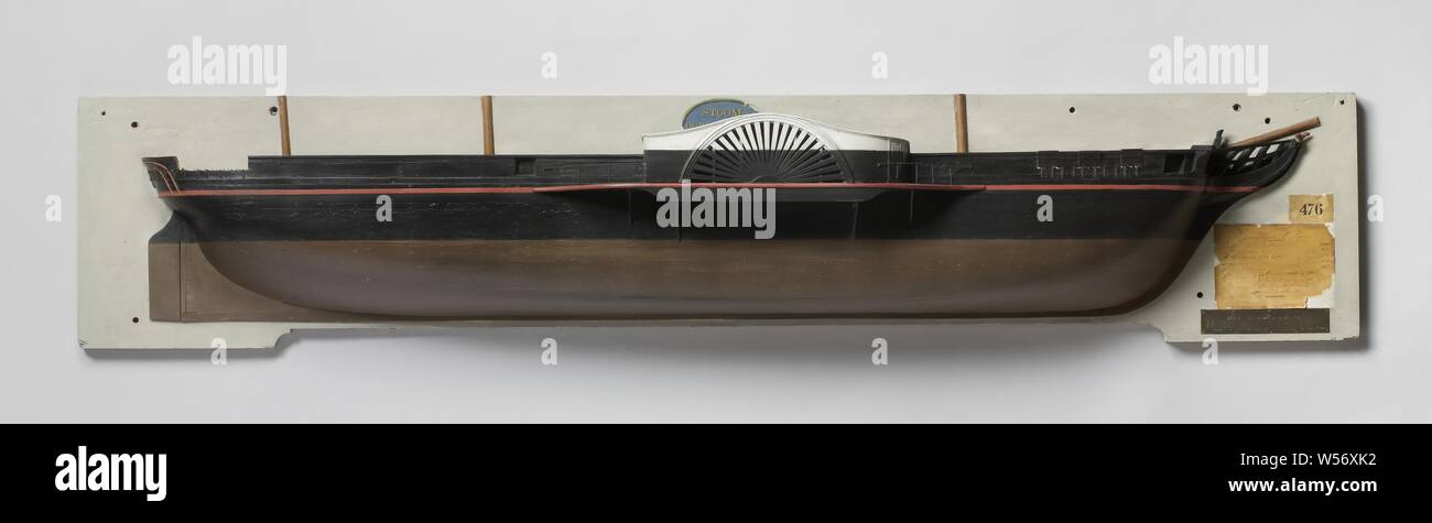 Modello di metà di un battello a vapore, Polychromed e completamente planked modello dello stampo (dritta) di un tre-masted battello a vapore. Sul skeg una polena che rappresentano i tre capi della hellhound Cerberus. A prua e a poppa dei ponti, cadono i cancelli per artiglieria sulla slitta rotante. Recinto ellittico, Checkerboard con stemma nazionale, timone con agitazione rotondo king (Soetermeer's versione). Lato scatola ingranaggi, sostenuta da quattro supporti di ottone, e con un mazzo di griglia davanti e dietro, sia anteriore che posteriore a tre porte in cambio. Schermo completamente piatto a strapiombo, un bar in legno. Sentina rotondo. Scala 1:40 (scala del modello Foto Stock
