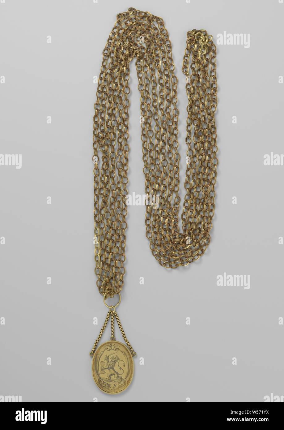 Medal of Honor per Michiel de Ruyter, vittoria di Michiel Adriaensz. de Ruyter su Il Pirata De la Lande nel Mediterraneo, medaglia onorario data dal Ministero della Marina di Amsterdam, ovale golden medaglione con associati catena tripla, costituito da aprire, ovale link. Sulla catena di un grande anello di supporto, sul quale pende un piccolo anello di supporto. Da qui tre piccole catene, costituito da spesse, round link, portano a tre occhielli attaccata al bordo del medaglione. Il medaglione è sulla parte anteriore l'inciso lo stemma dell'Olanda: coronato leone con spada e fascio di frecce nella griffe all'interno Foto Stock