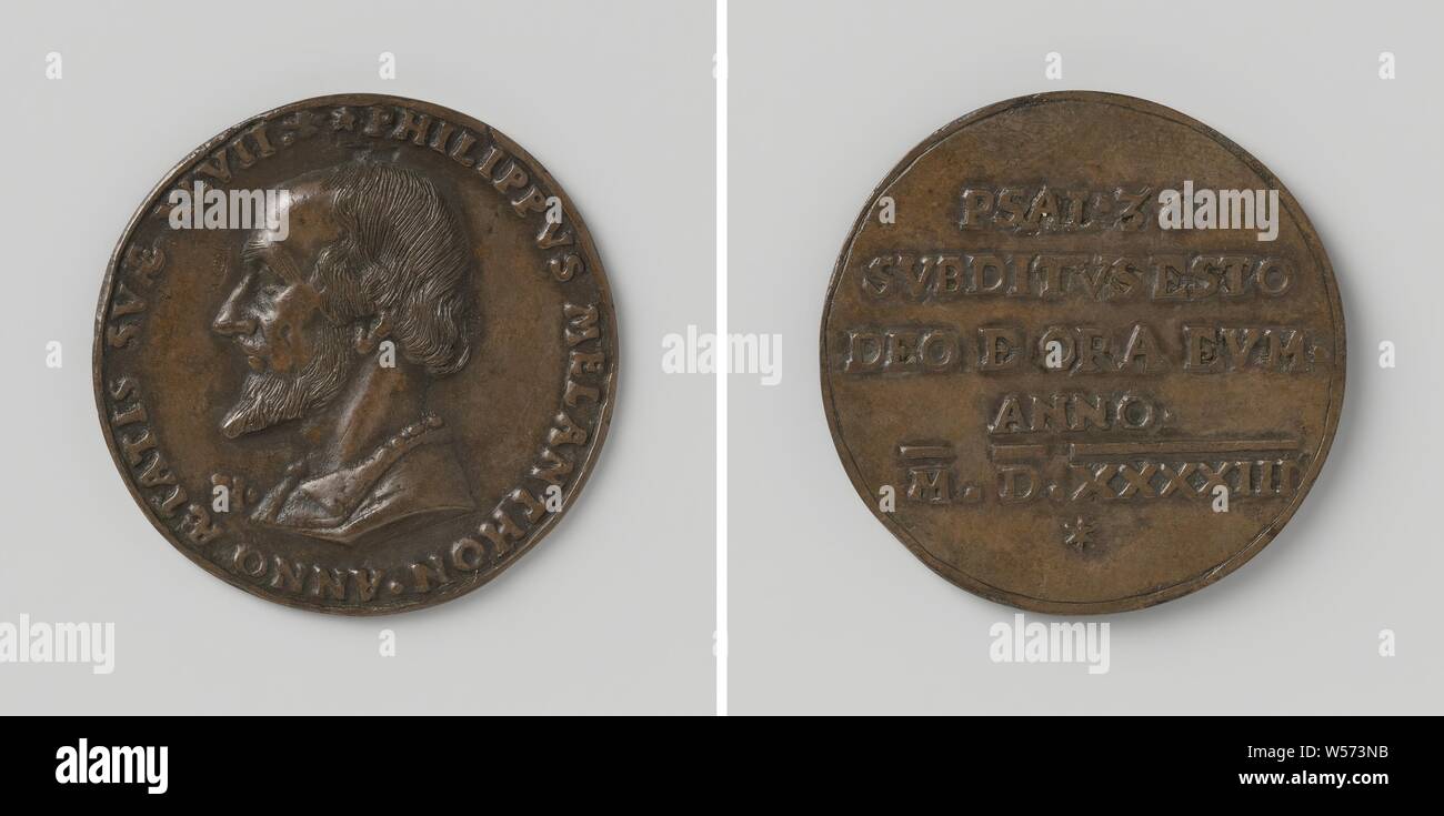 Philipp Melanchton, medaglia di bronzo. Anteriore: uomo di busto all'interno dell'interno. Retromarcia: iscrizione, Friedrich Hagenauer, Keulen, 1543, bronzo (metallo), fondazione, d 3,5 cm × 9,88 W Foto Stock