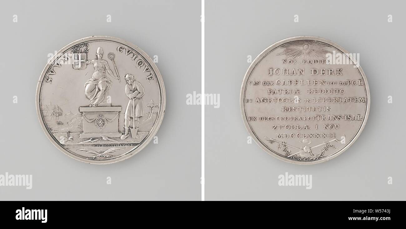 Joan Derk van der Capellen a den Pol ancora ammesso per gli stati di Overijssel e soppressione dei servizi di essiccazione, medaglia d'argento. Anteriore: la libertà con il cappello sulla testa è sulla colonna spezzata, in appoggio sul piedistallo, ella mantiene uno stemma nella sua mano destra, coronata da una corona di quercia, un personale nella mano sinistra, coronata con un occhio luminoso su un piedistallo stemma, appeso a una ghirlanda, accanto al pilastro sorge un agricoltore, in appoggio sulla sua vanga, nelle case di sfondo sulle rive di un fiume in un iscrizione, taglio: attraversato due rami di palma. Retromarcia: iscrizione sotto il sole splendente e al di sopra del pastore personale Foto Stock