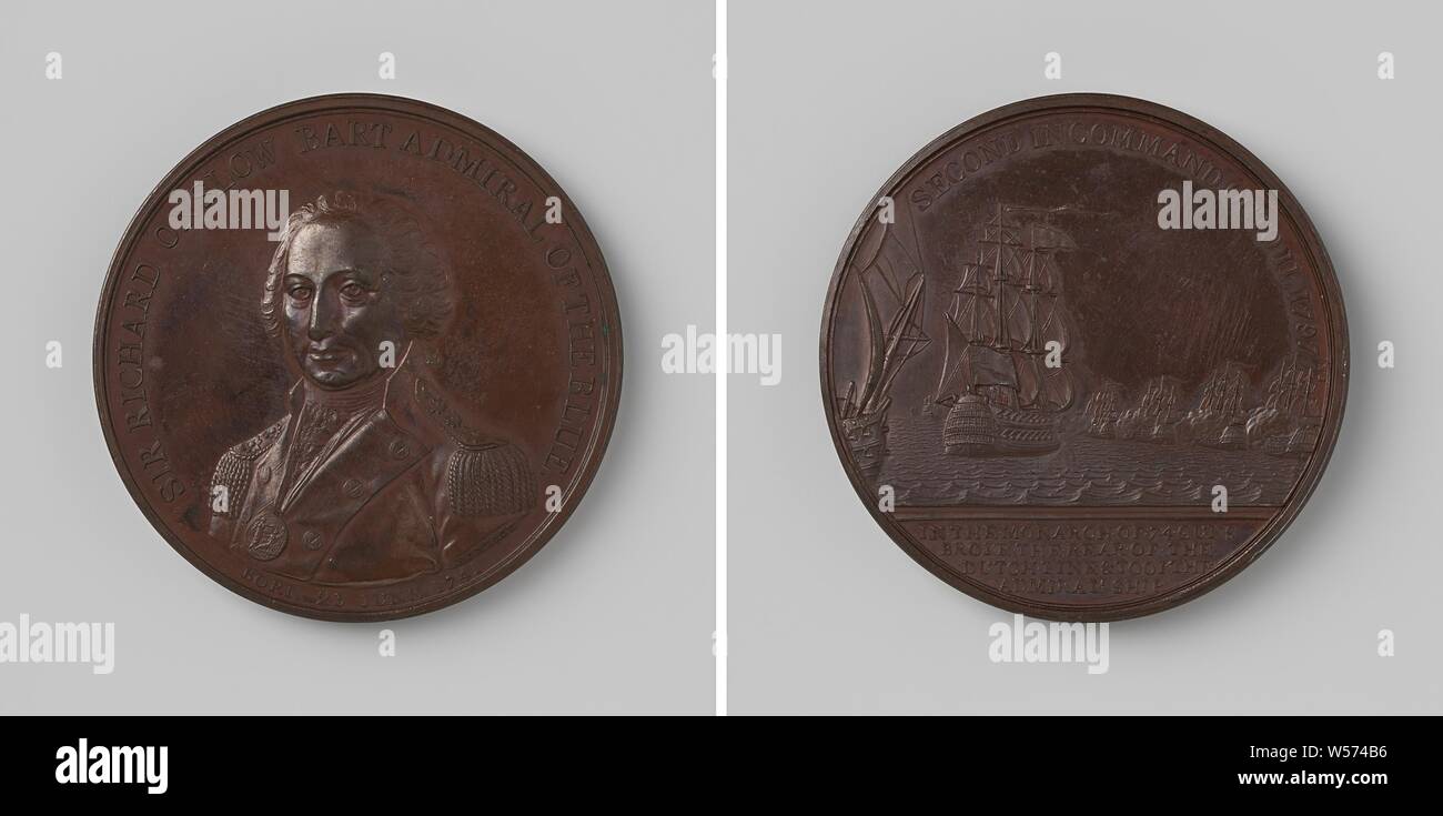 Battaglia di Kamperduin, in onore di Richard Onslow, conquistatore dell'ammiraglio olandese nave, medaglia di bronzo. Anteriore: uomo di busto all'interno dell'interno. Retromarcia: nave da Onslow, seguite da una seconda nave inglese vele su quattro navi olandesi entro una circonferenza, cut off: iscrizione, Battaglia di Camperdown, Kamperduin, Richard Onslow, John Gregory Hancock (Sr), Birmingham, 1797, bronzo (metallo), colpendo (metallurgia), d 4,9 cm × W 614 Foto Stock