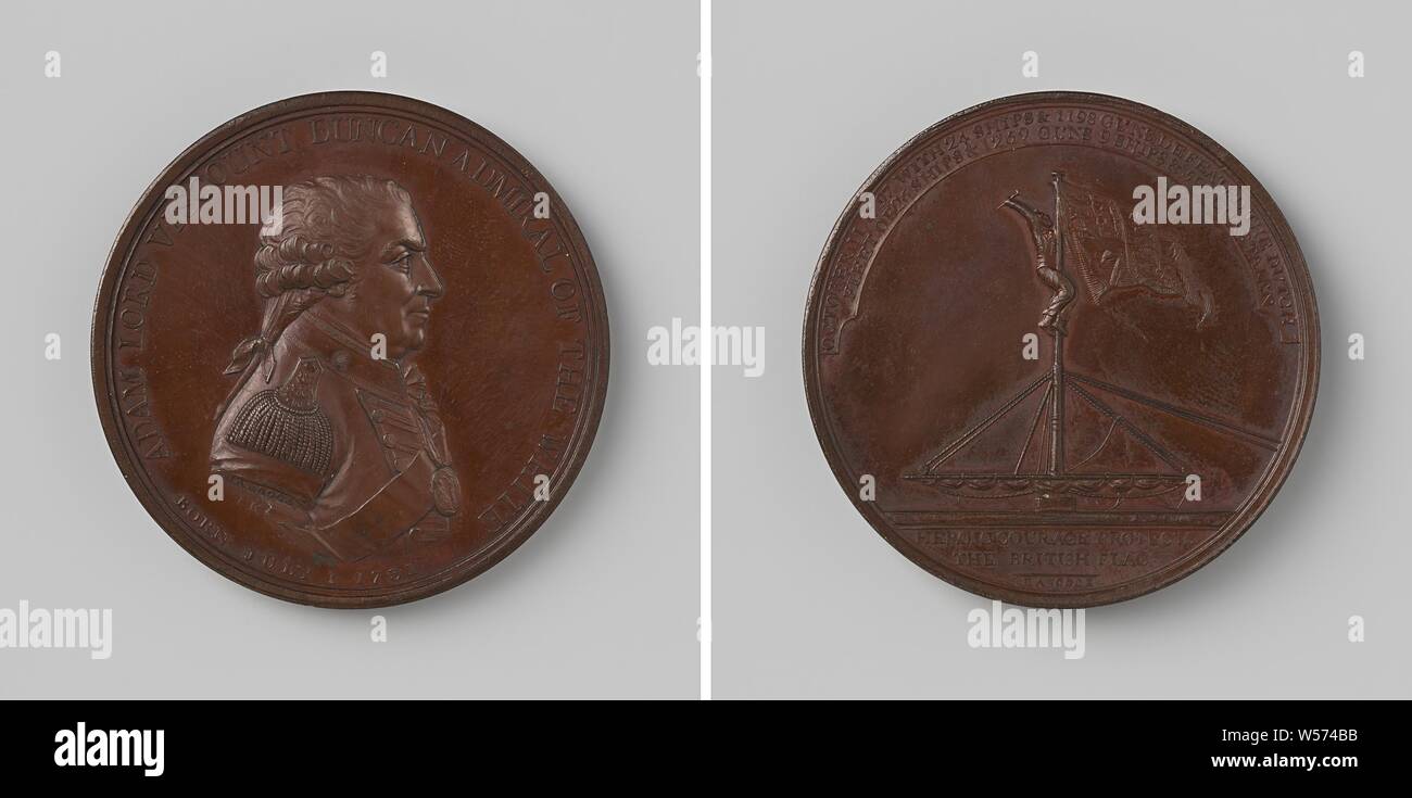 Battaglia di Kamperduin, in onore di Adam Duncan, ammiraglio della flotta britannica, medaglia di bronzo. Anteriore: uomo di busto all'interno dell'interno. Retromarcia: sailor conferma bandiera nella parte superiore del montante di sollevamento all'interno della circonferenza, cut off: iscrizione, Battaglia di Camperdown, Kamperduin, Adam Duncan (Visconte di Camperdown), John Gregory Hancock (Sr), Birmingham, 1797, bronzo (metallo), colpendo (metallurgia), d 4,9 cm × W 627 Foto Stock