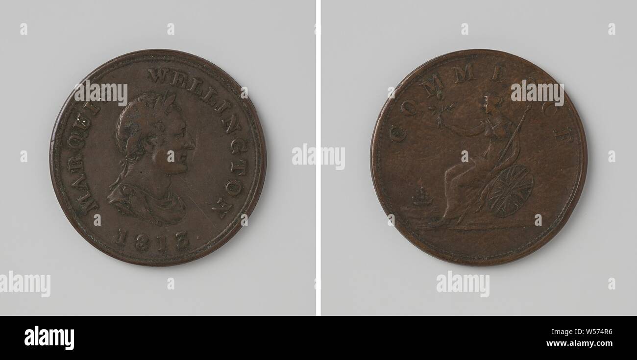 Il duca di Wellington, medaglia di rame. Complementare: l uomo nel petto del pezzo con corona di alloro interno un'iscrizione. Retromarcia: Britannia con scudo e lancia e rose, sullo sfondo la nave in mare nel omschrift, Arthur Wellesley o Wellington, anonimo, Inghilterra, 1813 - 1815, rame (metallo), colpendo (metallurgia), d 2,8 cm × w 8.45 Foto Stock