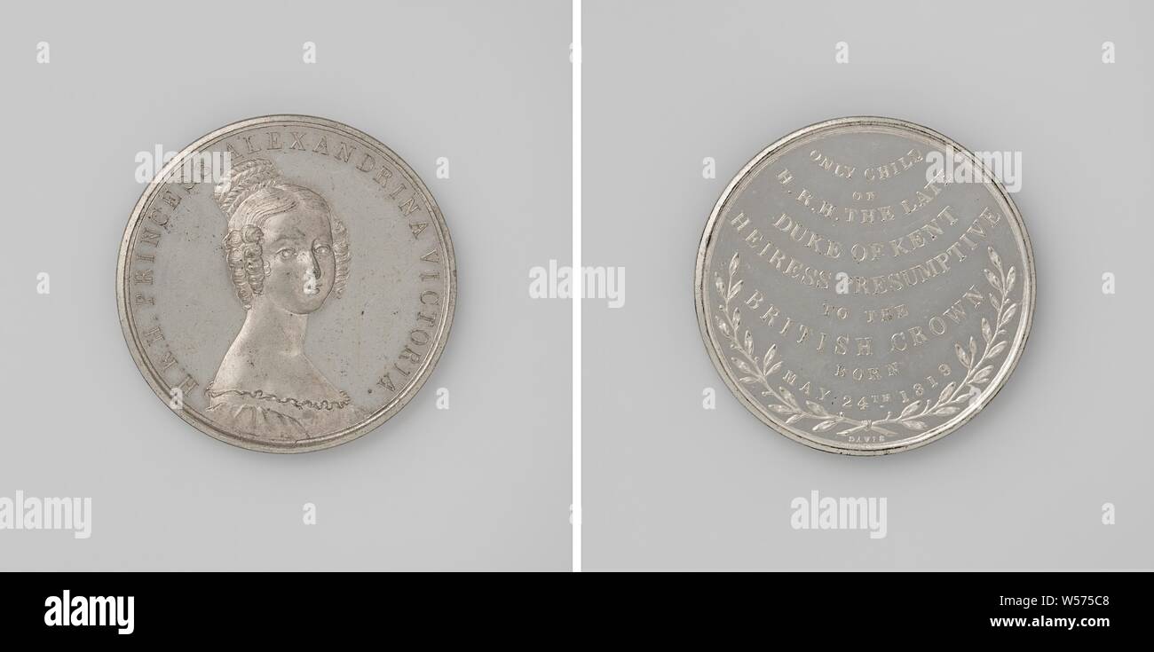 Victoria alessandrina, futura regina di Gran Bretagna, Penning. Complementare: busto di donna dentro l'interno. Retromarcia: iscrizione sopra attraversato due rami di alloro, Victoria (regina di Gran Bretagna e Irlanda), Joseph Davis, Birmingham, 1837, lega, colpisce (metallurgia), d 4,3 cm × w 27.46 Foto Stock