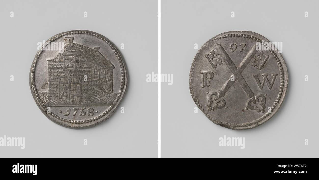 Il Vallone Comune di Leiden, medaglia di piombo. Anteriore: casa in pietra, taglio: anno. Retro: due chiavi incrociate tra le lettere P e W, sopra: numero 97, Leiden, anonimo, 1758, colpendo (metallurgia), d 3.3 cm × w 13.92 Foto Stock