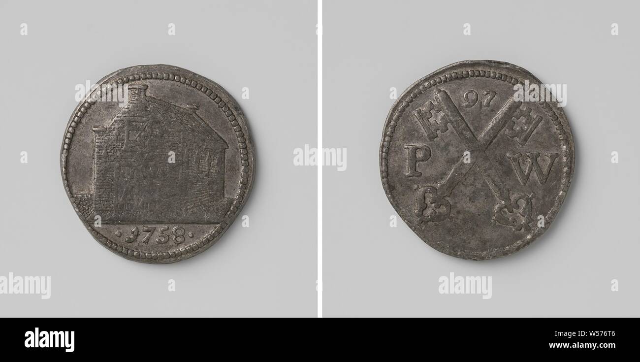 Il Vallone Comune di Leiden, medaglia di piombo. Anteriore: casa in pietra, taglio: anno. Retro: due chiavi incrociate tra le lettere P e W, sopra: numero 97, Leiden, anonimo, 1758, colpendo (metallurgia), d 3.3 cm × w 13,81 Foto Stock