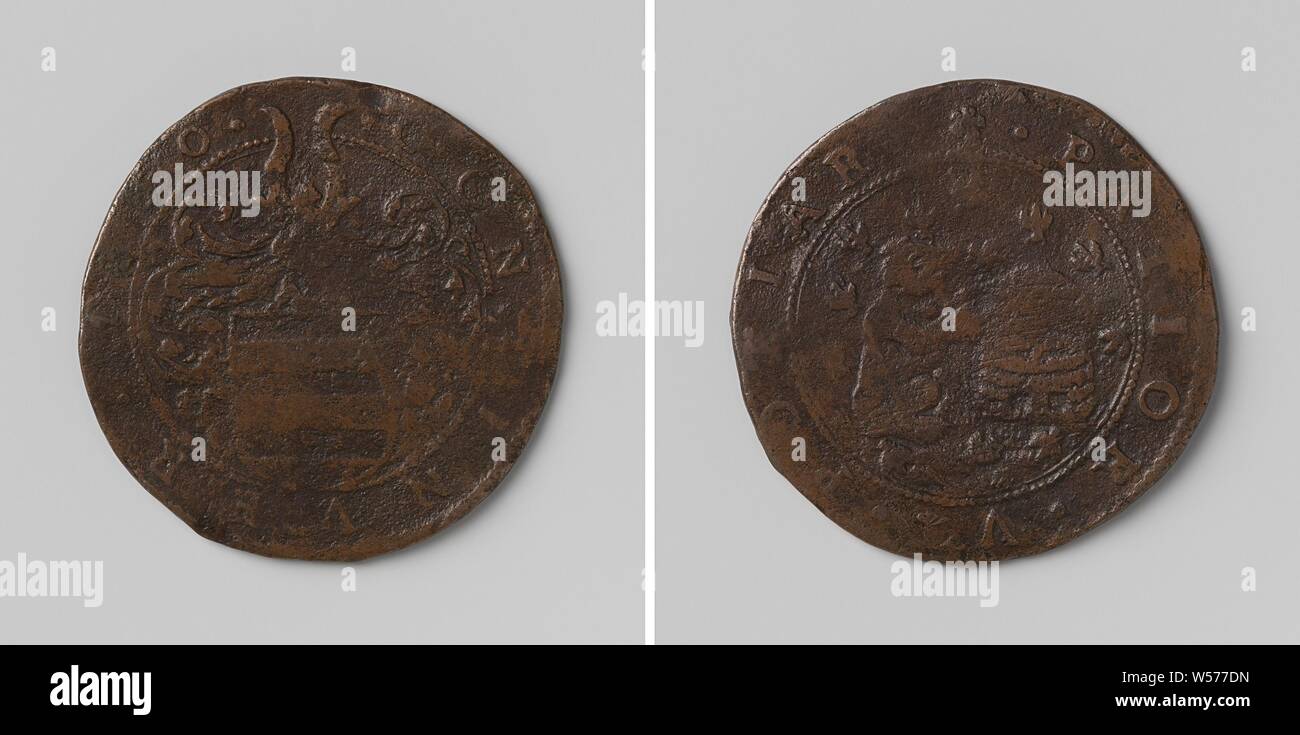Gerard d'Oyenbrugge, medaglia di rame. Complementare: helmeted stemma entro un'iscrizione. Lato inverso: orso, seduto accanto ad alveare, intorno al quale le api volare entro un iscrizione, anonimo, Belgio, 1630, rame (metallo), colpendo (metallurgia), d 3 cm × w 5,83 Foto Stock