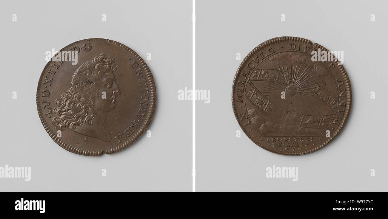 Re di Francia Luigi XIV, token contati praticati dalla fine degli stati di Lille, medaglia di rame. Anteriore: uomo di busto all'interno dell'interno. Retromarcia: bright sun entro la fascia dello Zodiaco e di iscrizione, cut off: iscrizione, Lille, Luigi XIV re di Francia), anonimo, Francia, 1677, rame (metallo), colpendo (metallurgia), d 3 cm × w 9.18 Foto Stock