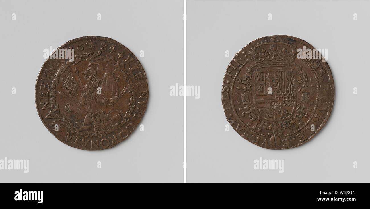 Venti-anno-vecchio file da Regensburg tra la Francia, l'imperatore, in Spagna e nei Paesi Bassi, token di calcolo addebitato per ordine del Consiglio delle finanze, medaglia di rame. Complementare: arma trophee all'interno di una serpentina round e una rotatoria. Lato inverso: coronato stemma, appeso con l'ordine del vello d'oro all'interno di un cerchio, Regensburg, anonimo, Bruxelles, 1684, rame (metallo), colpendo (metallurgia), d 3.1 cm × w 6,39 Foto Stock