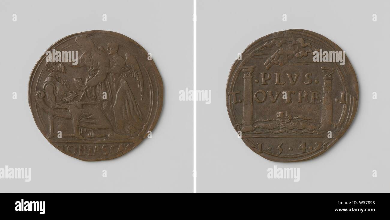 Massimiliano, conte di Buren, comandante dell esercito al servizio di Carlo V, vince la Frankfurt am Main, medaglia di rame. Complementare: uomo seduto in rappresentanza di Tobias, viene guarito da donna, dietro di lei un angelo, cut off: l'iscrizione. Retromarcia: mano benedicente da nuvole al di sopra delle colonne di Herkules, fiancheggiata da lettere T ed io, tra colonne: iscrizione e barca, cut off: iscrizione, Frankfurt am Main, Carlo V d'Asburgo (tedesco Imperatore e Re di Spagna), Massimiliano di Egmont (Conte di Buren), anonimo, 1547, rame (metallo), colpendo (metallurgia), d 2,9 cm × w 5.18 Foto Stock