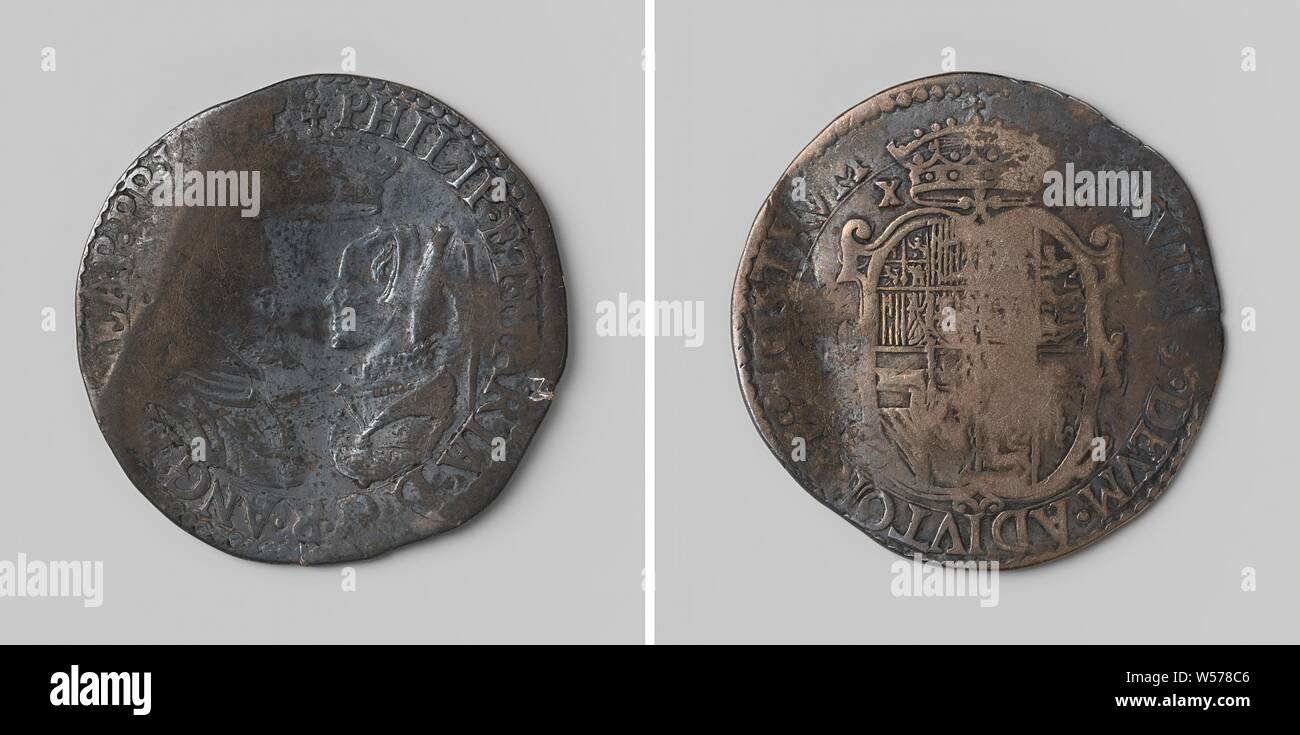 Il matrimonio di Filippo, erede di Spagna e Maria, Regina dell'Inghilterra, medaglia d'argento. Anteriore: rivolta verso il maschio e la femmina breastpieces affacciati sotto una corona all'interno di un'iscrizione. Retromarcia: coronato stemma, a sinistra della corona la cifra X, ultime due cifre a destra i all'interno di circoscrizione, Winchester, Filippo II re di Spagna), Maria Tudor (regina dell'Inghilterra), anonimo, 1554, argento (metallo), colpendo (metallurgia), d 3.1 cm × w 5,94 Foto Stock