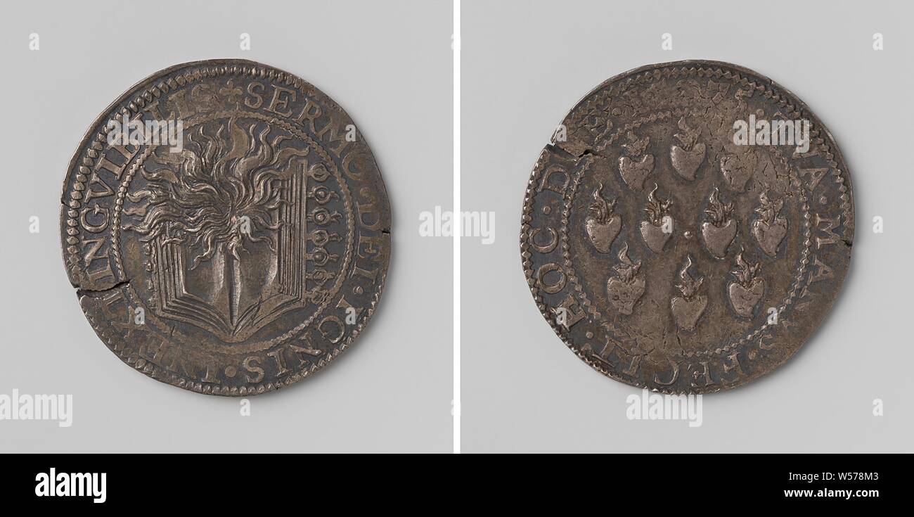 Zelo religioso degli stati di Olanda, medaglia d'argento. Parte anteriore: brucia la bibbia con sette sigilli all'interno di un'iscrizione. Retromarcia: dieci cuore ardente entro un iscrizione, Olanda, Staten van Holland, anonimo, Dordrecht, 1575, argento (metallo), colpendo (metallurgia), d 3 cm × w 7.57 Foto Stock