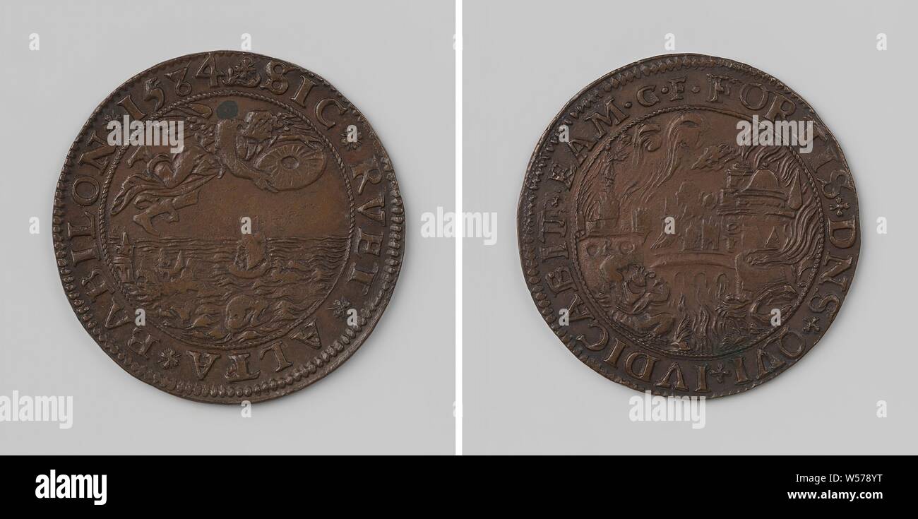 Allegoria sul previsto crollo della fede cattolico romana, medaglia di rame. Anteriore: Angelo getta macina in mare. Retromarcia: masterizzazione di città di Roma, in primo piano il lutto donna ed ISCRIZIONE ORO entro iscrizione, anonimo, 1584, rame (metallo), colpendo (metallurgia), d 3 cm × w 5.70 Foto Stock