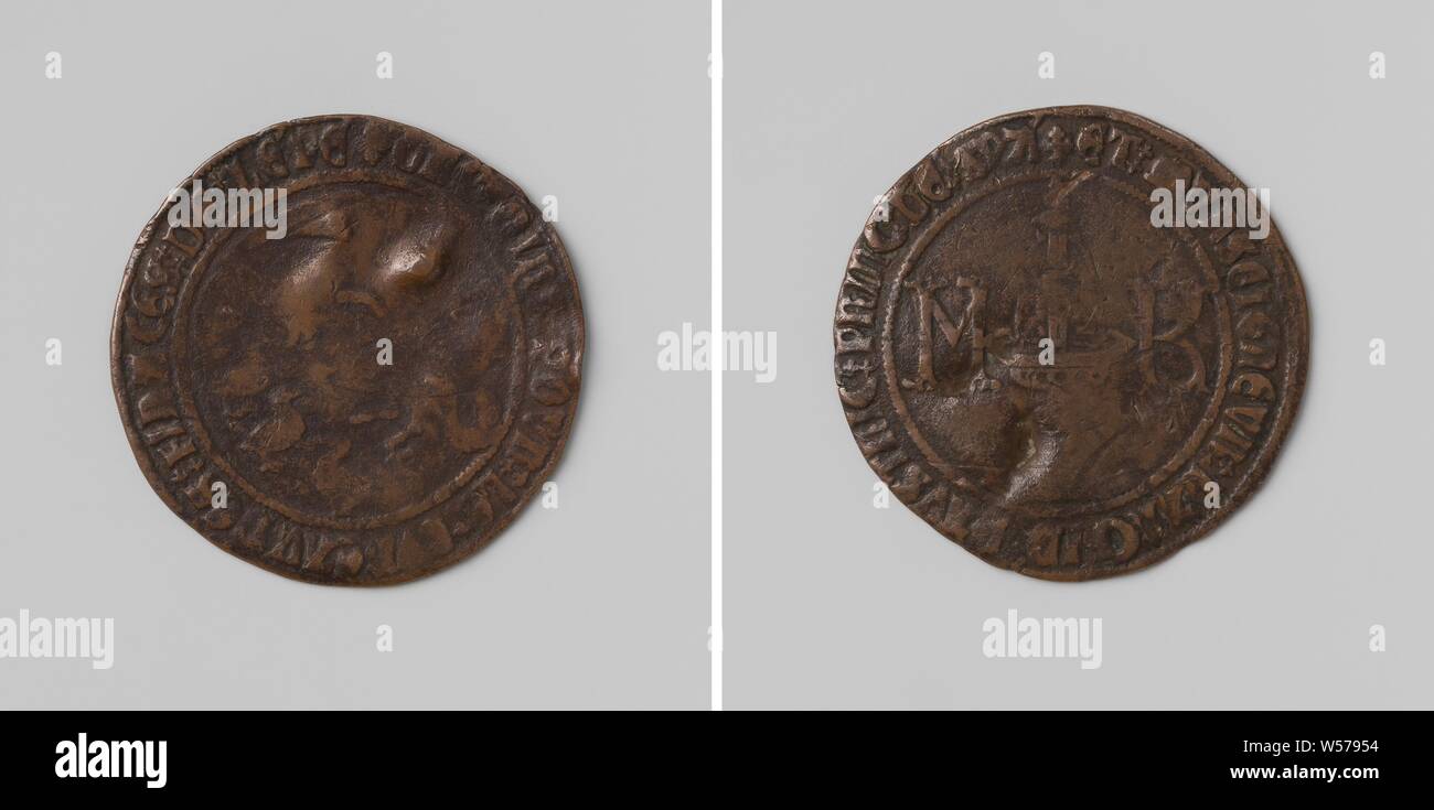 Allegoria sull'anti-imperialismo di Papa Giulio II, conteggio medaglia del Bureau des Finances di Massimiliano I, imperatore tedesco e Charles, Principe di Spagna, medaglia di rame. Anteriore: fox, in piedi sulle zampe posteriori, con un fratello che il cofano intorno al suo collo cercando di catturare le oche in piedi di fronte a lui entro un'iscrizione. Lato inverso: schizzando fontana, fiancheggiata da lettere M E K all'interno di un'iscrizione, Giulio II, Massimiliano I d Asburgo (imperatore del Sacro Romano Impero Carlo V d'Asburgo (tedesco imperatore e re di Spagna), anonimo, 1509, rame (metallo), colpendo (metallurgia), d 2,8 cm × w 3.20 Foto Stock