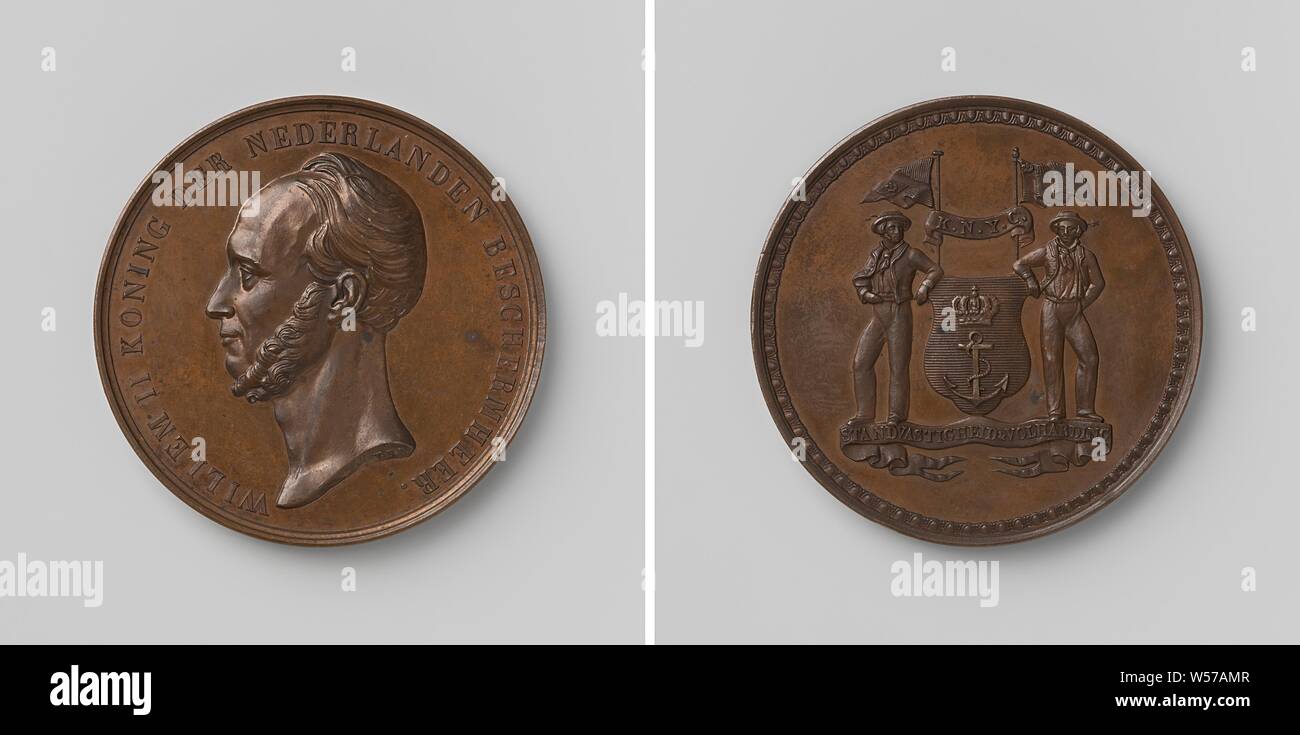 Guglielmo II, re dei Paesi Bassi, patrono della Royal Dutch Yacht Club, medaglia di bronzo. Anteriore: uomo di busto all'interno dell'interno. Retromarcia: stemma, coronata con due bandiere, collegati da nastro con iscrizione, fiancheggiata da due marinai al di sopra di fiamme con iscrizione all'interno della cornice decorativa, Willem II (Re dei Paesi Bassi), Royal Dutch Yachtclub, David van der Kellen (1804-1879), Utrecht, 1841, bronzo (metallo), colpendo (metallurgia), d 4,5 cm × w 36.52 Foto Stock