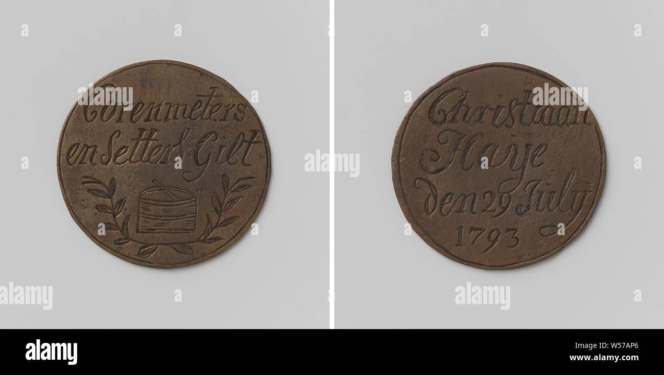 Mais-metri e setter' guild di Amsterdam, guild token da Christiaan Haye, Messing token. Anteriore: bushel, in cui bastoncini di prua, appoggiato su due attraversato laurel rami con l'iscrizione. Retromarcia: iscrizione, Amsterdam, Christiaan Haye, anonimo, 1793, ottone (lega), incisione, d 3,5 cm × w 6.23 Foto Stock