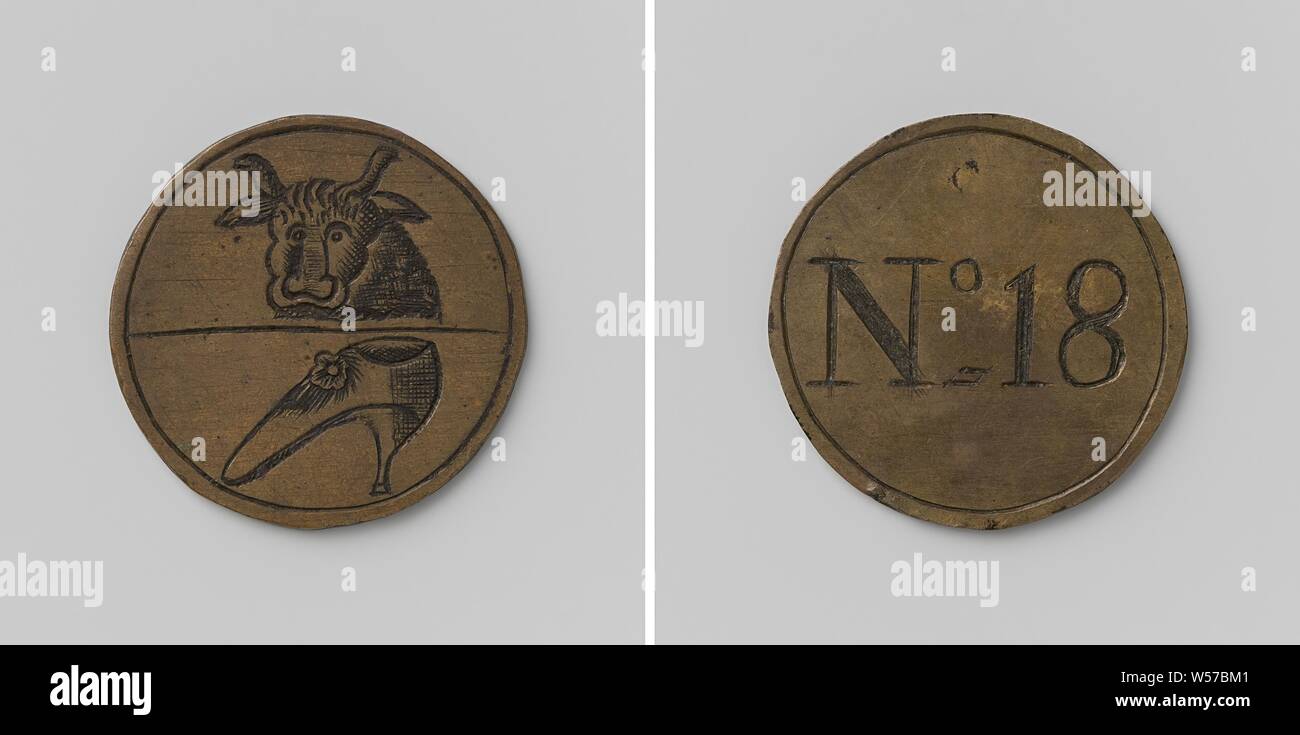 Gli acquirenti di pelle, Tanner e calzolai' guild di Amsterdam, guild token  con n. 18, token di ottone. Parte anteriore: piana divisa orizzontalmente  in due, sopra: testa di bue, di seguito: scarpa.