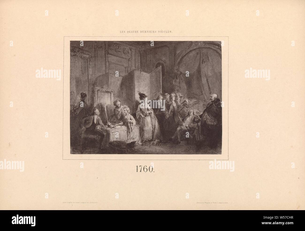 La riproduzione fotografica di un disegno, che rappresenta nobili in un interno 1760 (titolo in oggetto), nobiltà e patriciate, cavalleria, cavallereschi, interno, rappresentazione di un edificio, anonimo, Amsterdam, c. 1868 - in o prima di 1873, carta, collotipia, h 140 mm × W 187 mm Foto Stock