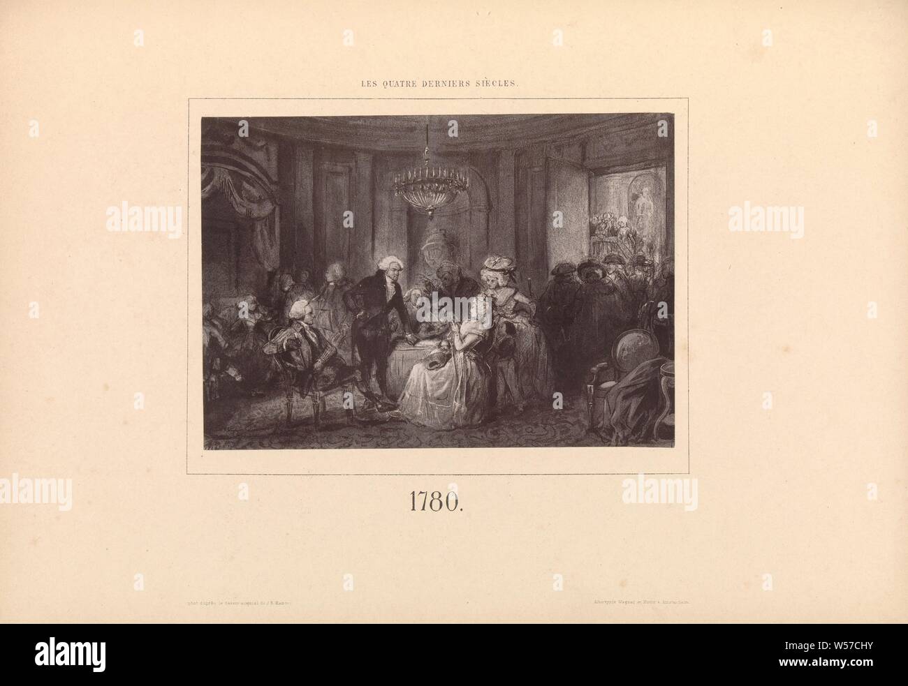 La riproduzione fotografica di un disegno, che rappresenta una società intorno ad un tavolo in un interno 1780 (titolo in oggetto), nobiltà e patriciate, cavalleria, cavallereschi, interno, rappresentazione di un edificio, tabella, anonimo, Amsterdam, c. 1868 - in o prima di 1873, carta, collotipia, h 138 mm × W 195 mm Foto Stock