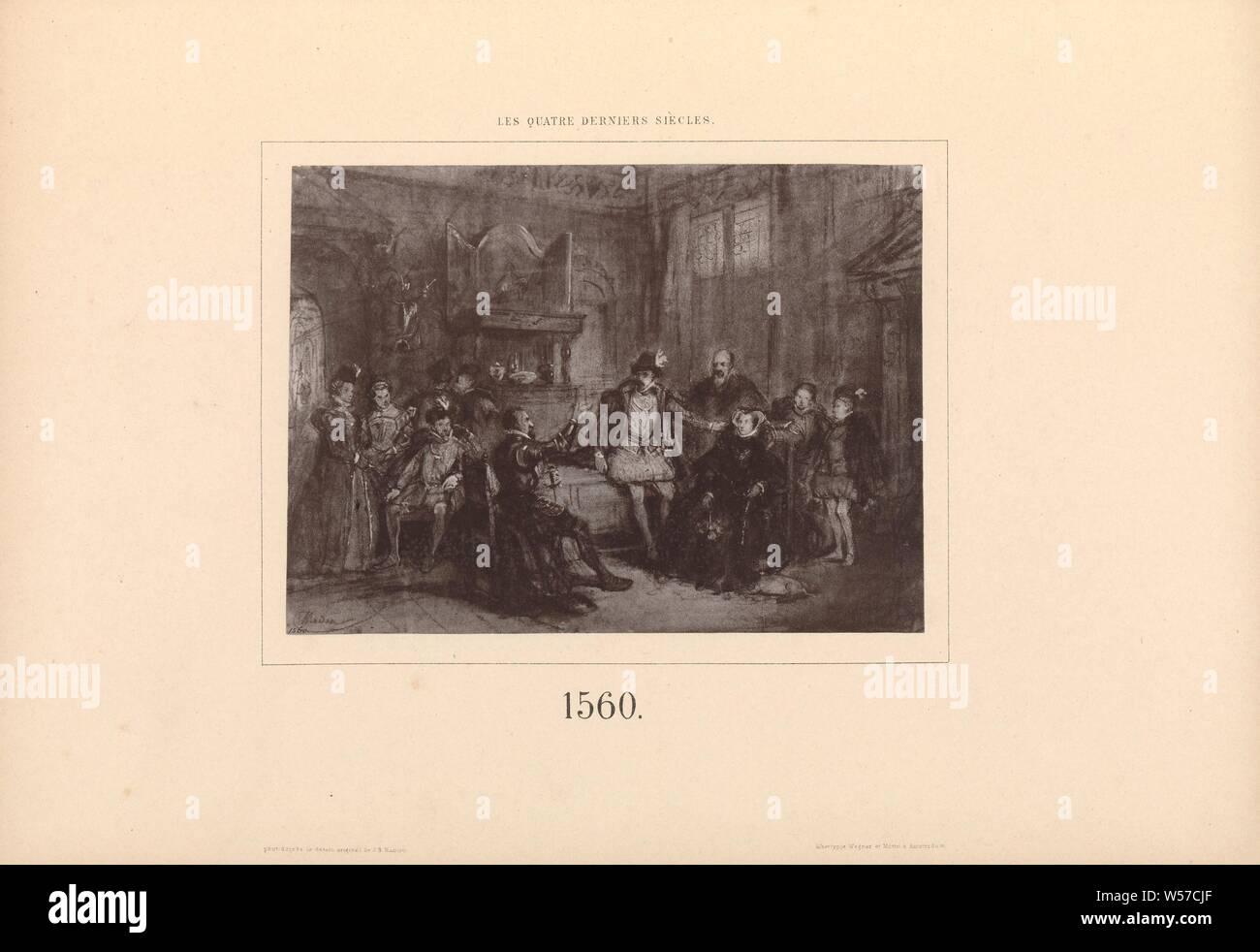 La riproduzione fotografica di un disegno che rappresenta i nobili in un interno 1560 (titolo in oggetto), nobiltà e patriciate, cavalleria, cavallereschi, interno, rappresentazione di un edificio, anonimo, Amsterdam, c. 1868 - in o prima di 1873, carta, collotipia, h 136 mm × W 188 mm Foto Stock