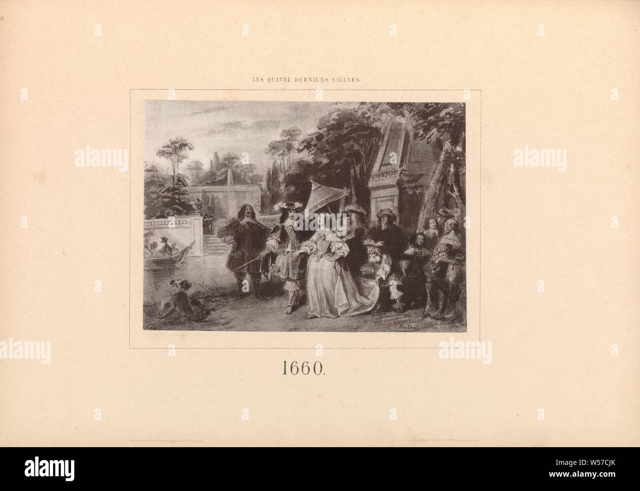 La riproduzione fotografica di un disegno raffigurante nobili in un giardino di 1660 (titolo in oggetto), nobiltà e patriciate, cavalleria, cavallereschi, giardino, anonimo, Amsterdam, c. 1868 - in o prima di 1873, carta, collotipia, h 136 mm × W 190 mm Foto Stock