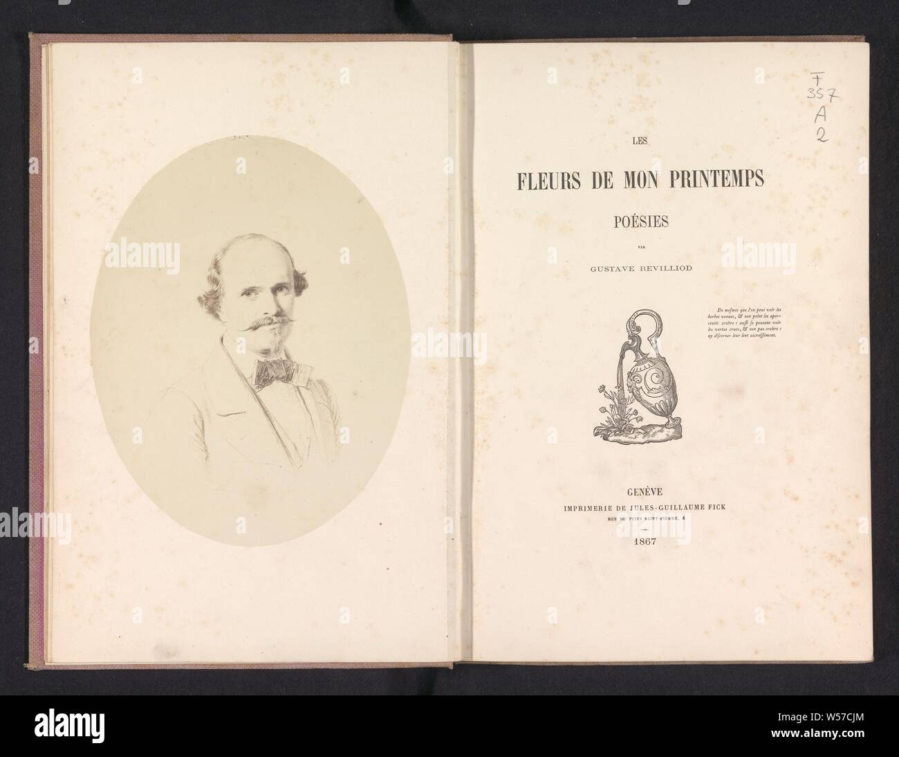 La riproduzione fotografica di un disegno che rappresenta un ritratto di Gustave Revilliod, ritratto di uno scrittore, Gustave Revilliod, anonimo, c. 1857 - in o prima di 1867, carta fotografica, albume stampa, h 210 mm × W 163 mm Foto Stock