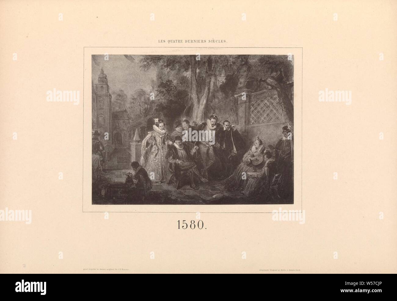 La riproduzione fotografica di un disegno, che rappresenta nobili ascoltando una musica company 1580 (titolo in oggetto), nobiltà e patriciate, cavalleria, cavallereschi, musicista al lavoro, anonimo, Amsterdam, c. 1868 - in o prima di 1873, carta, collotipia, h 141 mm × W 188 mm Foto Stock