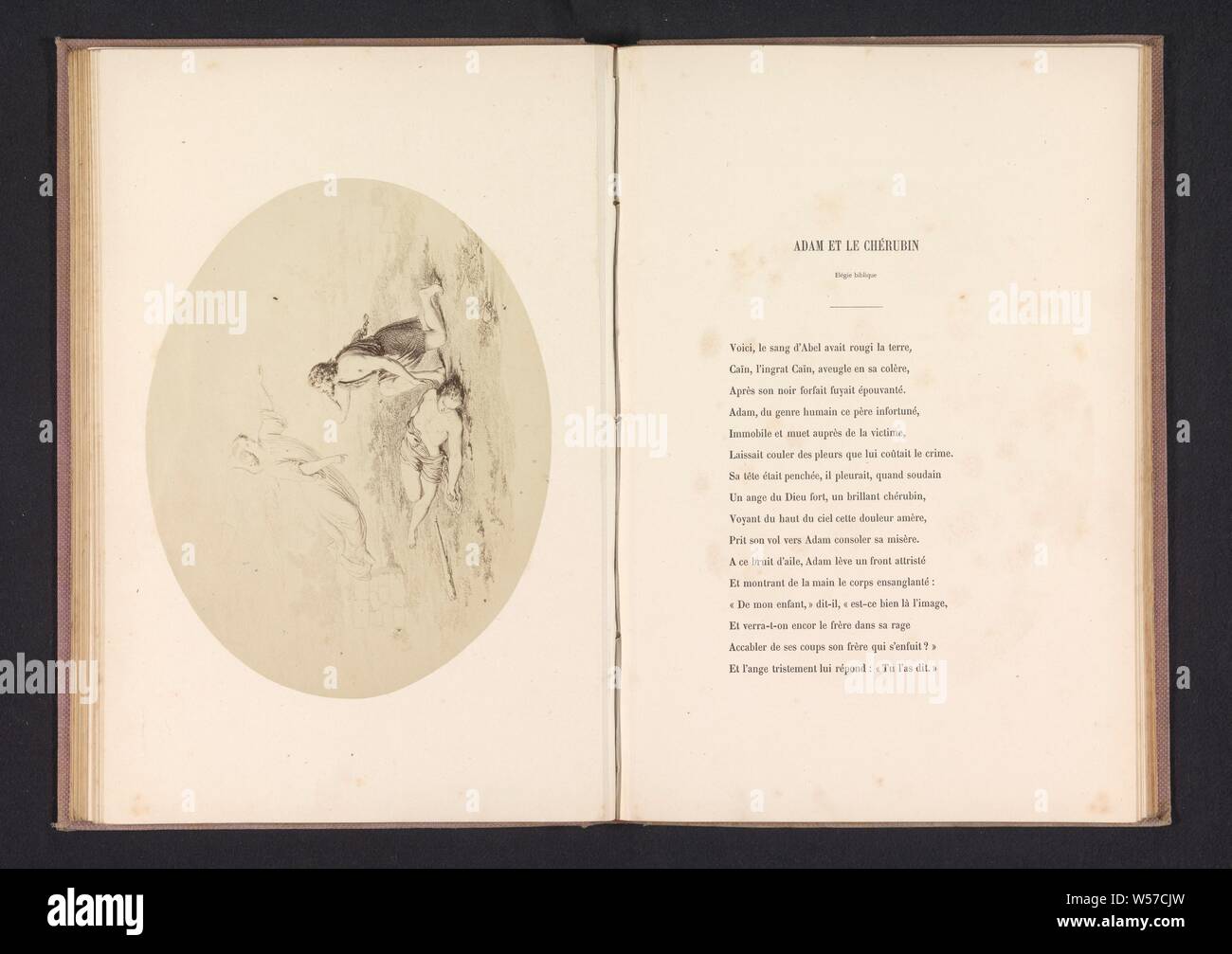 La riproduzione fotografica di un disegno raffigurante un angelo appare a Adam presso il cadavere di Abele, Abel alla morte di Adamo (non in un contesto biblico), Angeli, anonimo, c. 1857 - in o prima di 1867, carta fotografica, albume stampa, h 165 mm × W 212 mm Foto Stock