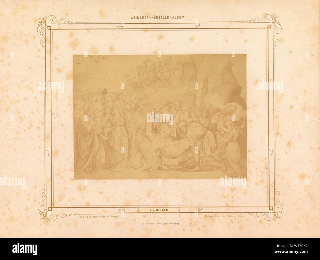 La riproduzione fotografica di un disegno che rappresenta la sepoltura di Cristo, il cuscinetto del corpo di Cristo per la tomba, Franz Mattig (menzionato in oggetto), Weimar, c. 1854 - in o prima di 1859, carta fotografica, albume stampa, h 156 mm × W 217 mm Foto Stock