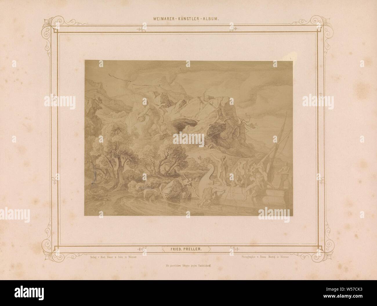La riproduzione fotografica di un disegno raffigurante Polyphemos gettando una roccia a Odysseus e il suo entourage, Polifemo scaglia una roccia di Ulisse navi in partenza, Franz Mattig (menzionato in oggetto), Weimar, c. 1854 - in o prima di 1859, carta fotografica, albume stampa, h 163 mm × W 217 mm Foto Stock