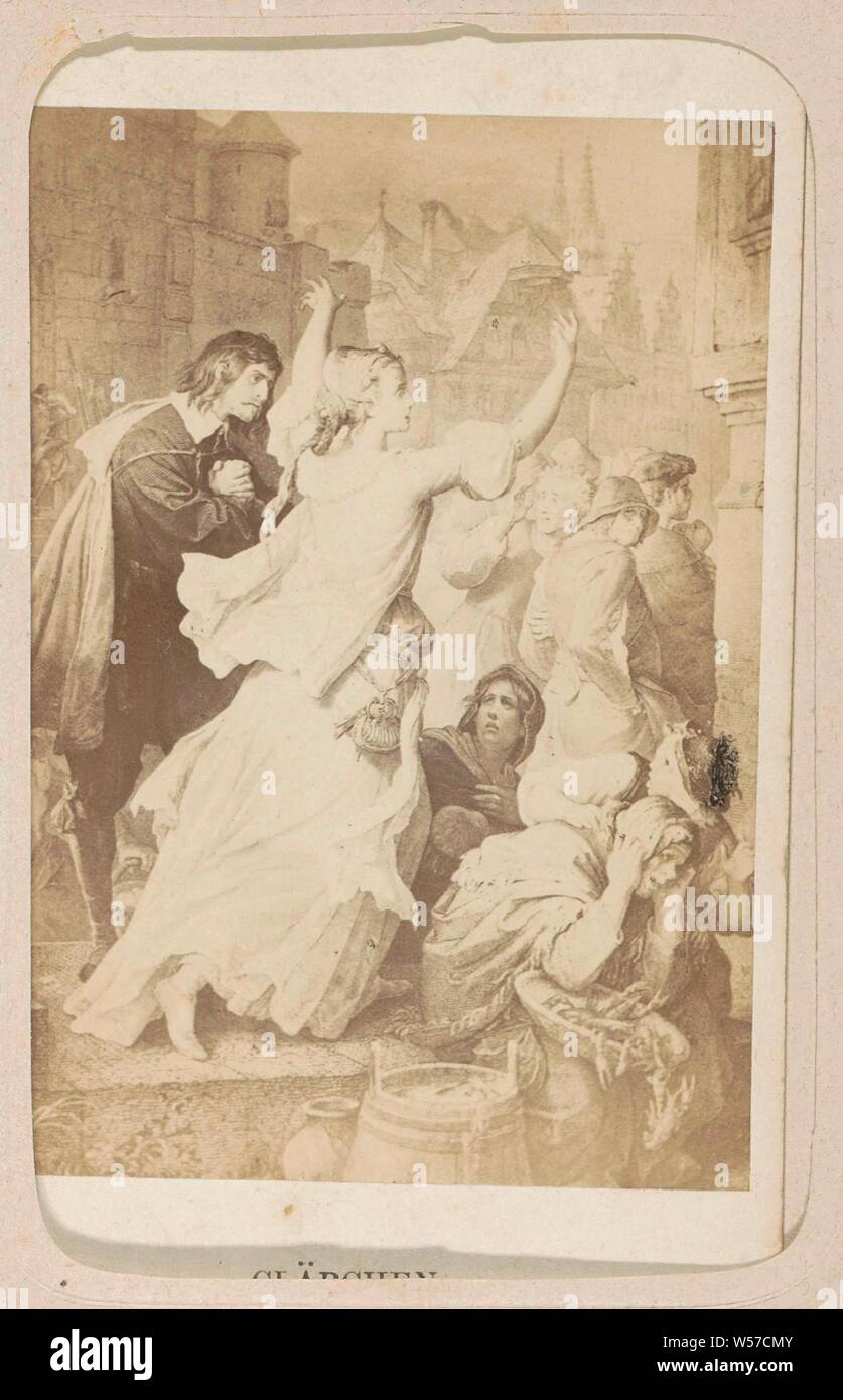 La riproduzione fotografica di (presumibilmente) una stampa dopo il lavoro da W. von Kaulbach: Clärchen (Egmont) Clärchen (Egmont) W. von Kaulbach (titolo in oggetto), parte di album di foto con 16 cartes-de-visite di figure femminili dal lavoro di JW von Goethe., adolescente, giovane donna, maiden, Andries Jager, Amsterdam, c. 1860 - c. 1890, carta, carta fotografica, cartone, albume stampa, h 77 mm × W 55 mm Foto Stock