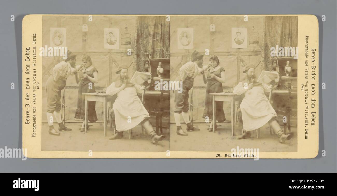 Hunter flirta con la padrona di casa mentre la padrona di casa si legge il giornale Der Herr Wirth (titolo in oggetto), news-foglio, tubo, tabacco, Sophus Williams (menzionato in oggetto), Berlino (forse), 1879, cartone, albume stampa, h 85 mm × W 176 mm Foto Stock