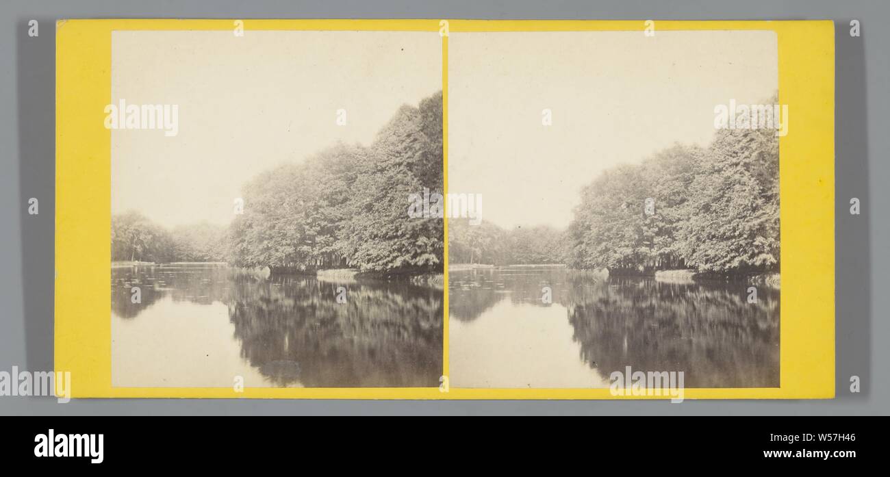 La vista dello stagno in il Bos Haagse, stagno, piscina, Bos Haagse, Pieter Oosterhuis (eventualmente), Amsterdam, 1860 - 1885, cartone, carta fotografica, albume stampa, h 83 mm × W 170 mm Foto Stock