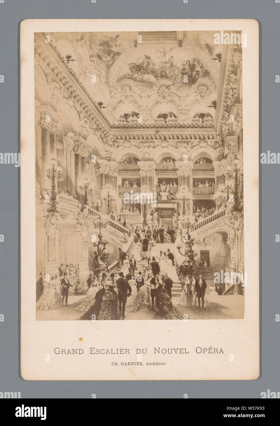 La riproduzione fotografica di una stampa dell'interno dell'Opéra de Paris da Charles Fichot Grand Escalier du Nouvel Opéra / Ch. Garnier, architetto (titolo in oggetto), opera house, Opéra de Paris, Numa Fils (menzionato in oggetto), Parigi, 1860 - 1890, cartone, carta fotografica, albume stampa, h 164 mm × W 108 mm Foto Stock