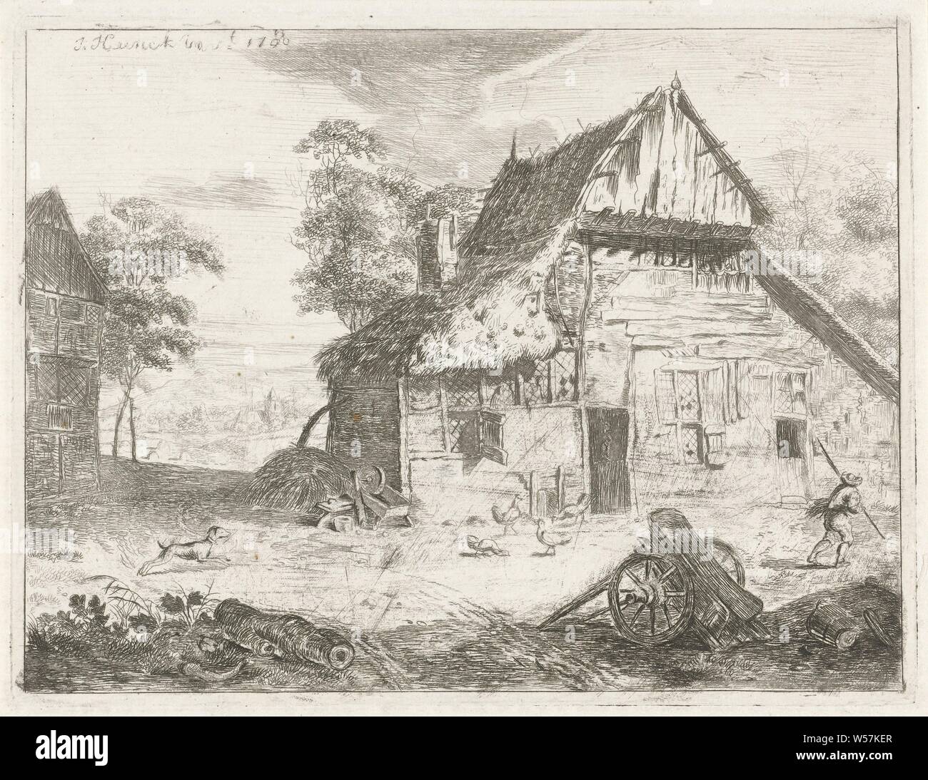 Agriturismo, agriturismo o Casa solitario nel paesaggio (townscape con figure, staffage), Jabes Heenck, Paesi Bassi del Nord, nel o dopo il 1780, carta, attacco, h 130 mm × W 171 mm Foto Stock