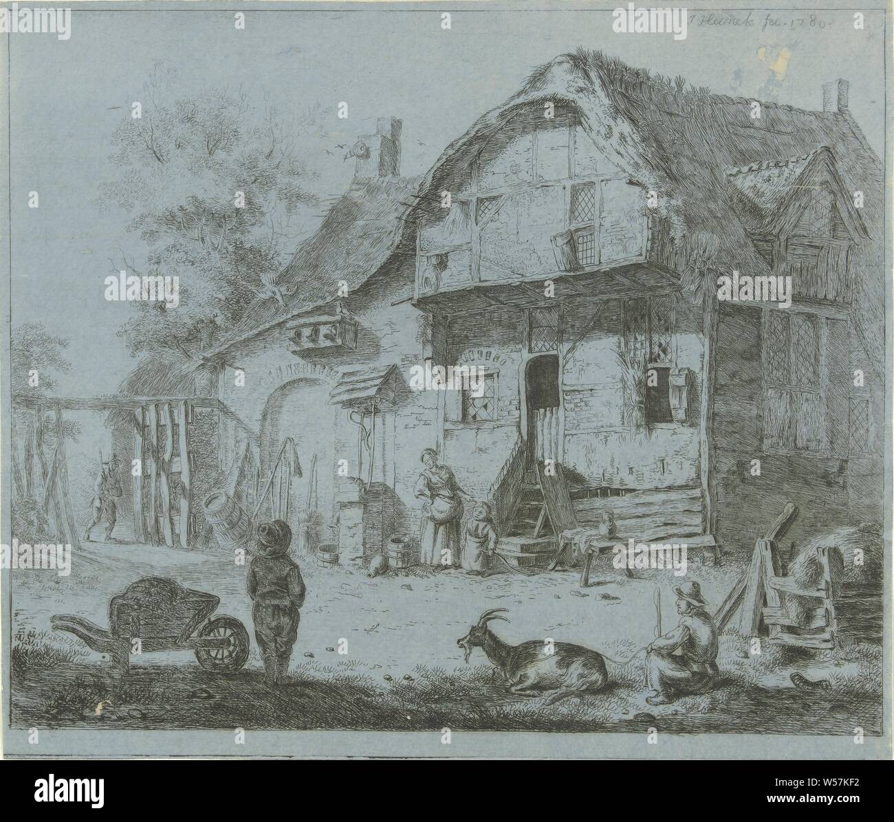 Le figure in un casale, azienda o casa solitario nel paesaggio, carriola, capro billy-capra, Jabes Heenck (menzionato in oggetto), il nord dei Paesi Bassi 1780, carta, attacco, w 210 mm × h 246 mm Foto Stock