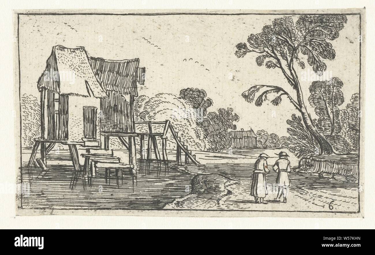 Percorso lungo un fiume con edifici su palafitte paesaggi di Esaias van de Velde (titolo serie), fiume, Esaias van de Velde, 1610 - 1617 e/o 1617, la carta, attacco, h 58 mm × W 97 mm Foto Stock