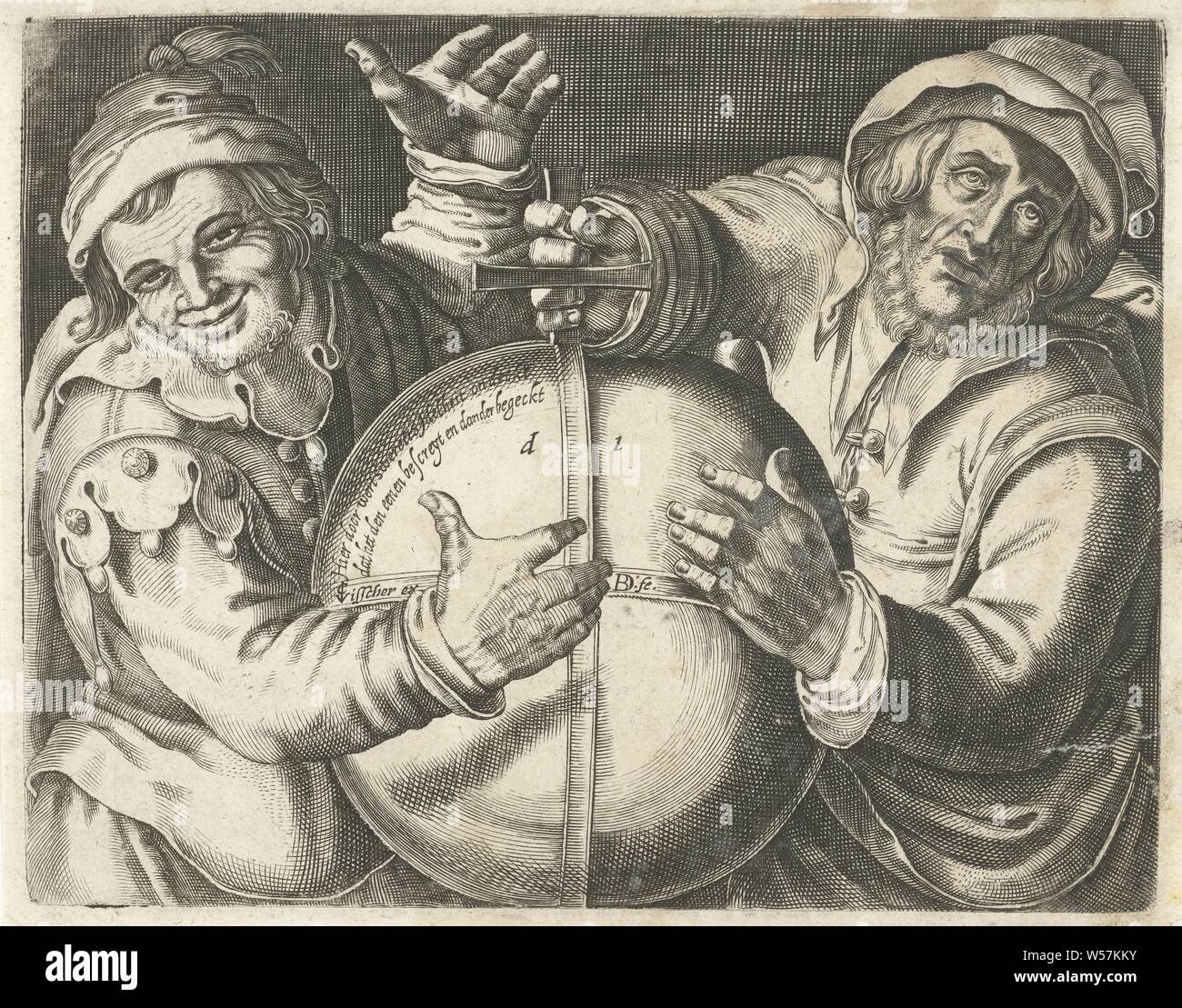 I filosofi Herakliet Demokriet e con un globo, Globe, Eraclito, pianto filosofo, Democrito, la risata di filosofo (nell'allegorica o cornice simbolica o impostazione, con allegorici o simbolici di accessori), Bartholomeus Willemsz. Dolendo (menzionato in oggetto), 1589 - 1626, carta, incisione h 110 mm × W 138 mm Foto Stock