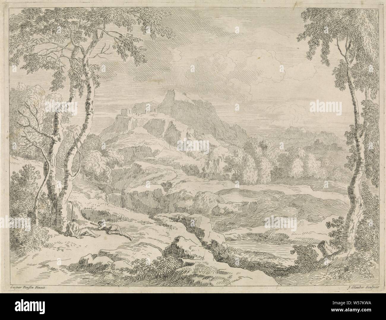 Paesaggio con pastori Paesaggi dopo Gaspare Poussin (titolo serie), un paesaggio collinare con due pastori addormentati in primo piano. La stampa è parte di una serie di paesaggi basato su dipinti da Gaspare Poussin, (alta) hill (Paesaggio con figure, staffage), pastorizia, pastore herdswoman, pastore, pastorella, cowherd, ecc, Johannes Glauber (menzionato in oggetto), sconosciuto, 1656 - 1726, carta, attacco, h 293 mm × W 389 mm Foto Stock