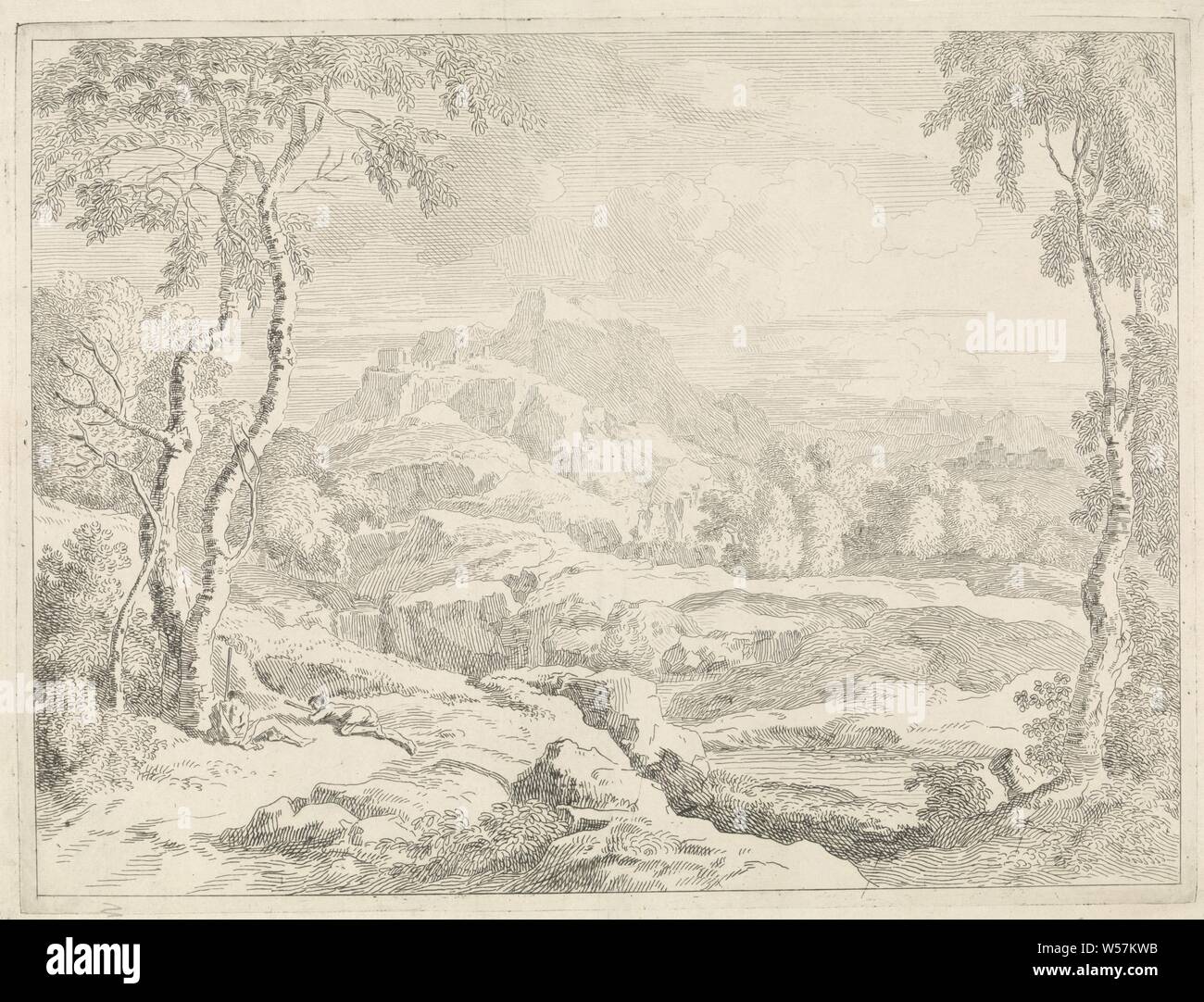 Paesaggio con pastori Paesaggi dopo Gaspare Poussin (titolo serie), un paesaggio collinare con due pastori addormentati in primo piano. La stampa è parte di una serie di paesaggi basato su dipinti da Gaspare Poussin, (alta) hill (Paesaggio con figure, staffage), pastorizia, pastore herdswoman, pastore, pastorella, cowherd, ecc, Johannes Glauber (menzionato in oggetto), sconosciuto, 1656 - 1726, carta, attacco, h 293 mm × W 389 mm Foto Stock