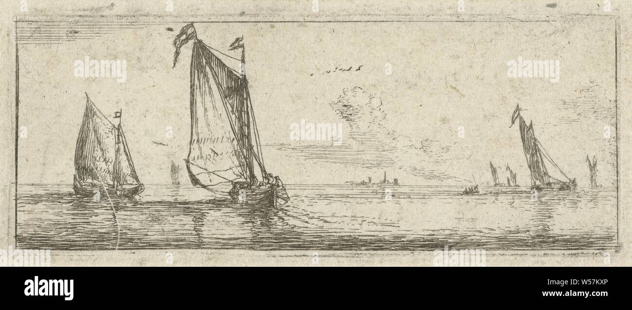 Marina Piccola con due piccole chiatte paesaggi marini (titolo serie), due galleggianti sull'acqua, nella distanza di un certo numero di navi a vela, vela-nave, barca a vela (con il nome), Reinier Nooms, Olanda, 1650 - 1664, carta, attacco, h 41 mm × W 105 mm Foto Stock