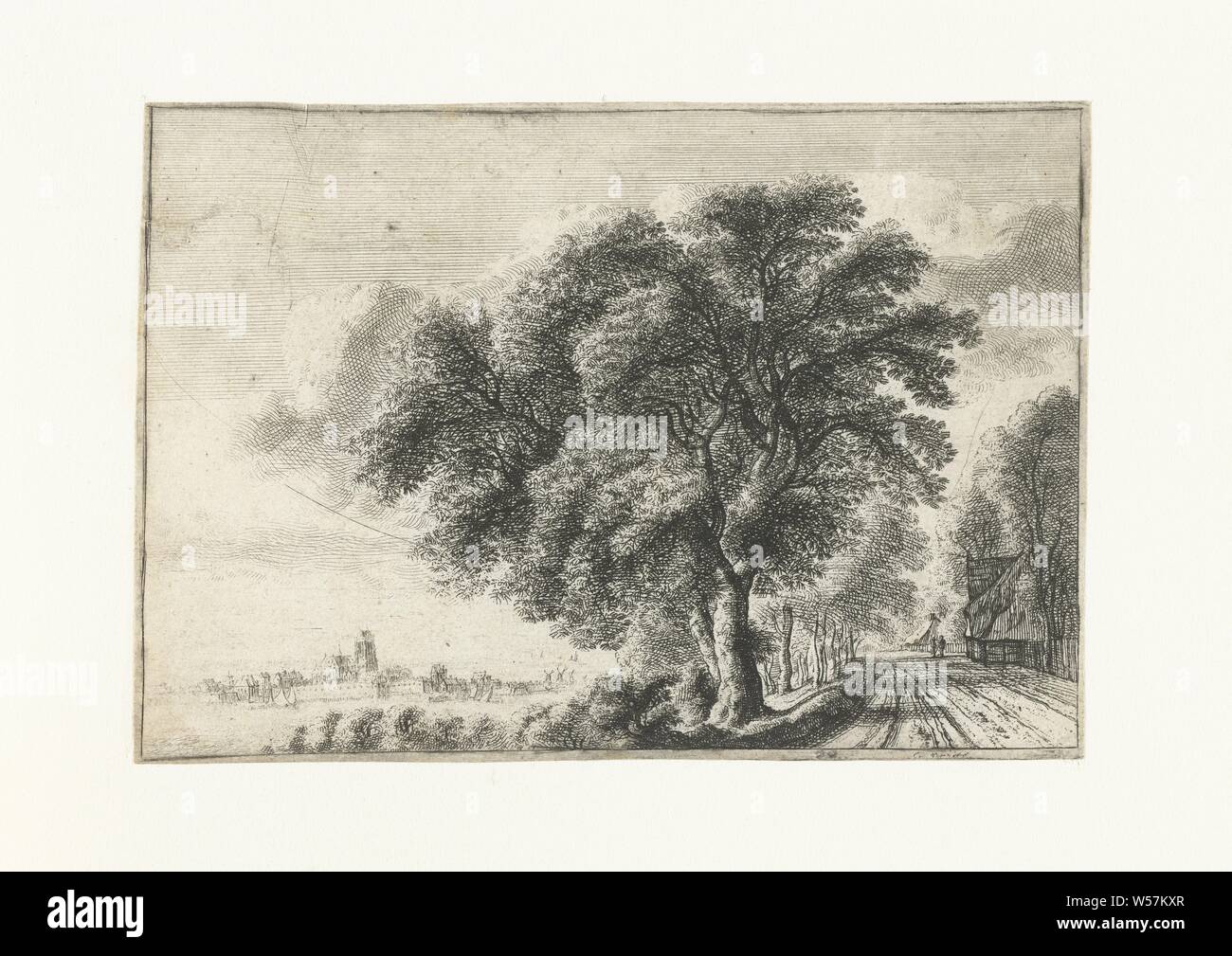Paesaggio con una vista di Dordrecht sulla sinistra, paesaggio con alberi. Sulla destra un viale con alcune case a sinistra sullo sfondo, all'altro lato di un fiume, il profilo di Dodrecht., prospettiva di città panorama, la silhouette della città, paesaggi nella zona temperata, Dordrecht, Gilles Neyts (menzionato in oggetto), Anversa, 1643 - 1681, carta, attacco, h 94 mm × W 134 mm Foto Stock