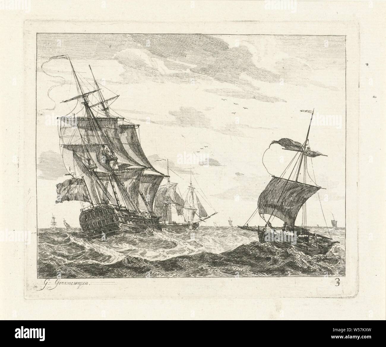 Le navi a vela sul mare agitato paesaggi marini con navi (titolo serie), in primo piano tre grandi navi a vela e in background più piccole imbarcazioni. Questa stampa è parte di una serie di sei stampe con diverse navi a vela in mare. Al di sotto del margine sulla destra: 3 navi (in generale), Gerrit Groenewegen (menzionato in oggetto), Rotterdam, 1786, carta, incisione h 120 mm × W 155 mm Foto Stock