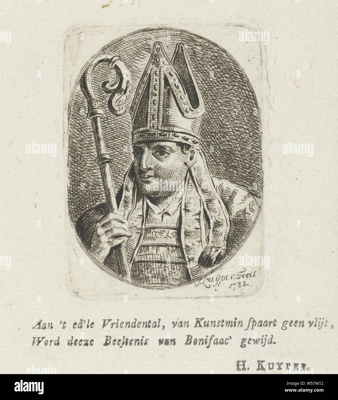 Ritratto di san Bonifacio, Busto di San Bonifacio in un ovale a sinistra. Bonifacio porta un mitra sulla testa e che ha nella sua mano destra un vescovo il personale, il Martire Bonifacio, "Apostolo della Germania ' e arcivescovo di Magonza, possibili attributi: ax nella radice della struttura ad albero, prenota trafitto da una spada (fontana che zampilla dal sotto la sua personale), frusta, Jacques Kuyper (menzionato in oggetto), 1783, carta, tipografia, h 70 mm × W 51 mm Foto Stock