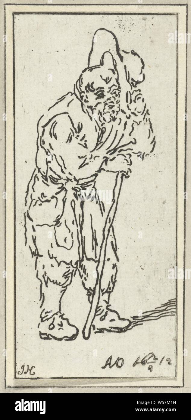 Uomo con bastone tenendo fuori il suo cappello, bastone, personale che riporti la testa, sollevando un cappello di Giacobbe Hoolaart (menzionato in oggetto), Dordrecht, 1728 - 1789, carta, attacco, h 113 mm × W 50 mm Foto Stock