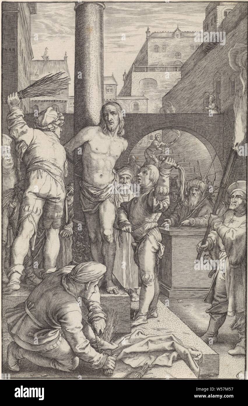 Flagellazione di Cristo della Passione (titolo serie), Cristo è legato ad una colonna e viene picchiato da due uomini con un ramo e un flagello. In primo piano un uomo raccoglie un mazzo di rami, flagellazione da soldati, Cristo solitamente legato ad una colonna (Matteo 27:26, Marco 15:15, Giovanni 19: 1), Lodovico Siceram, Anversa, 1623, carta, incisione h 193 mm × W 127 mm Foto Stock Flagellazione di Cristo della Passione (titolo serie), Cristo è legato ad una colonna e viene picchiato da due uomini con un ramo e un flagello. In primo piano un uomo raccoglie un mazzo di rami, flagellazione da soldati, Cristo solitamente legato ad una colonna (Matteo 27:26, Marco 15:15, Giovanni 19: 1), Lodovico Siceram, Anversa, 1623, carta, incisione h 193 mm × W 127 mm Foto Stock
